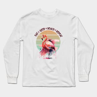 Eat Sleep Beach Repeat Pink Flamingo Retro Sunset Watercolor Art Long Sleeve T-Shirt